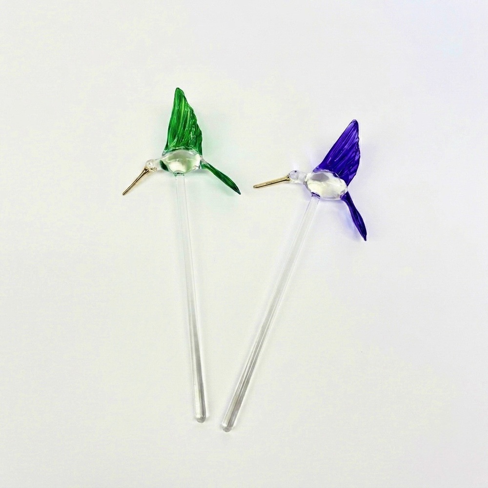 VINTAGE MCM Artisan Hand Blown Glass Hummingbird Barware Swizzle Stick 2 Murano